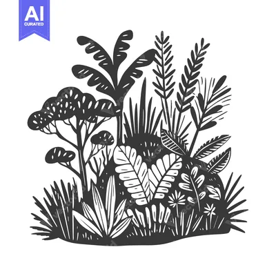 Aset desain premium: Black and White Silhouette of a Lush Tropical Plant Cluster