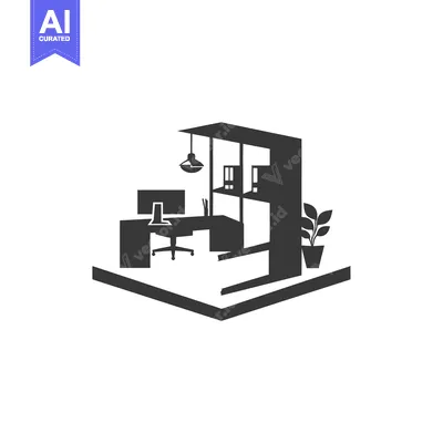 Aset desain premium: Black and White Silhouette of a Modern Office Workspace