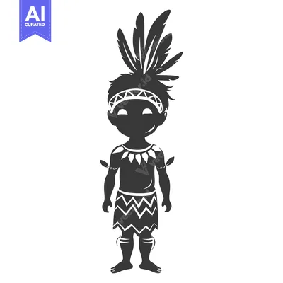 Aset desain premium: Black and White Silhouette of a Native American Boy