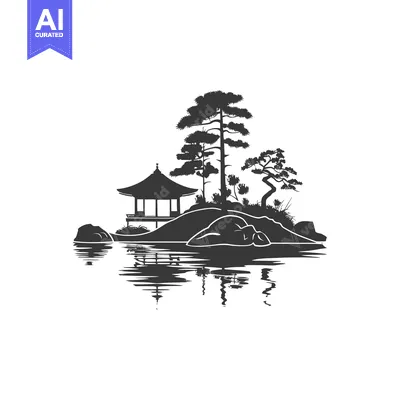 Aset premium populer: Black and White Silhouette of a Pagoda on an Island in a Lake