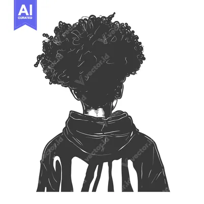 Premium design asset: Black and White Silhouette of a Person with Afro Hair Wearing a Hoodie