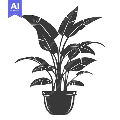 Aset desain premium: Black and White Silhouette of a Potted Plant with Large Leaves