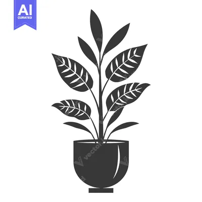 Popular premium asset: Black and white silhouette of a potted plant with leaves