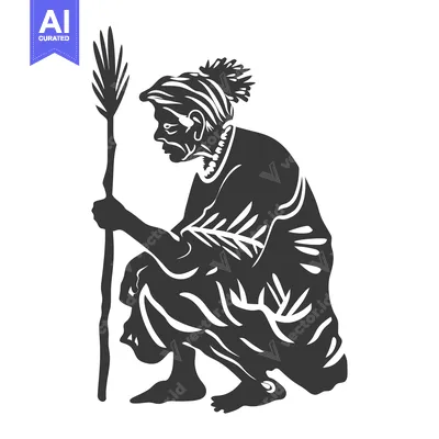 Premium design asset: Black and White Silhouette of a Squatting Person Holding a Stick