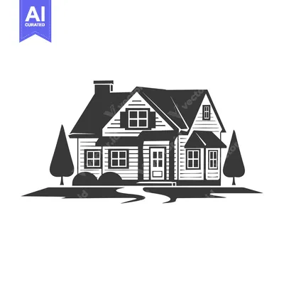 Premium design asset: Black and White Silhouette of a Suburban Home with a Yard