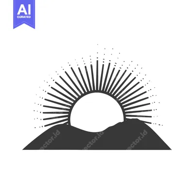 Premium design asset: Black and white silhouette of a sun rising over a mountain range