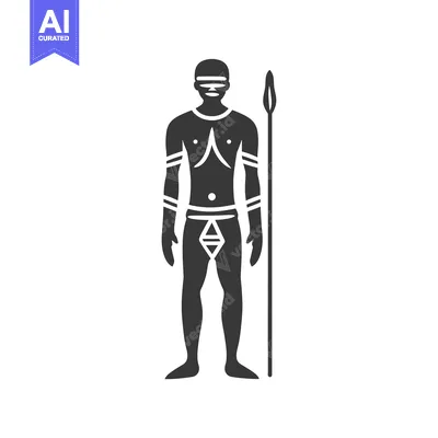 Aset desain premium: Black and White Silhouette of a Tribal Warrior Holding a Spear