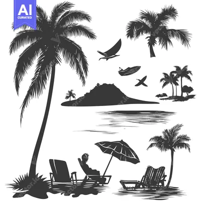 Aset desain premium: Black and White Silhouette of a Tropical Beach Scene with Palm Trees,