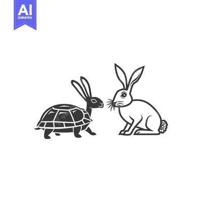 Aset desain premium: Black and White Silhouette of a Turtle and a Rabbit