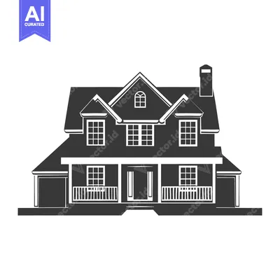 Aset premium populer: Black and White Silhouette of a Two-Story Suburban House with a Porch