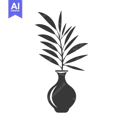 Aset desain premium: Black and White Silhouette of a Vase with a Sprig of Leaves