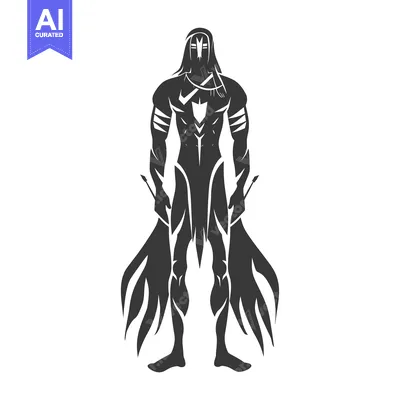 Aset desain premium: Black and white silhouette of a warrior with a mask and two weapons