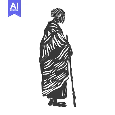 Aset desain premium: Black and White Silhouette of a Woman in a Robe with a Staff
