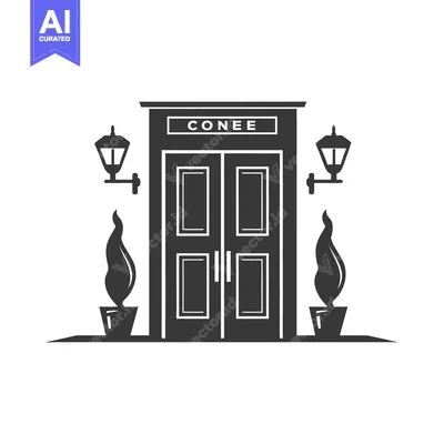 Aset desain premium: Black and White Silhouette of Double Doors with Plants and Lanterns