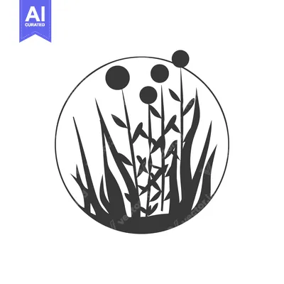 Aset desain premium: Black and White Silhouette of Flowers and Grass in a Circle