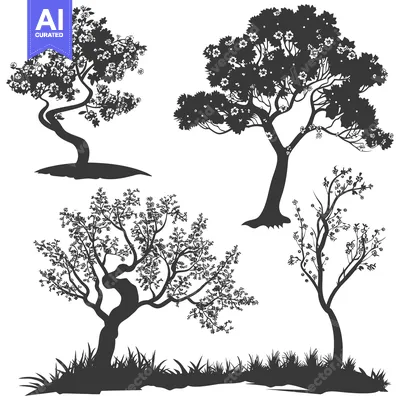 Aset desain premium: Black and White Silhouette of Four Blooming Trees