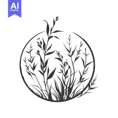 Popular premium asset: Black and White Silhouette of Grass and Leaves in a Circle