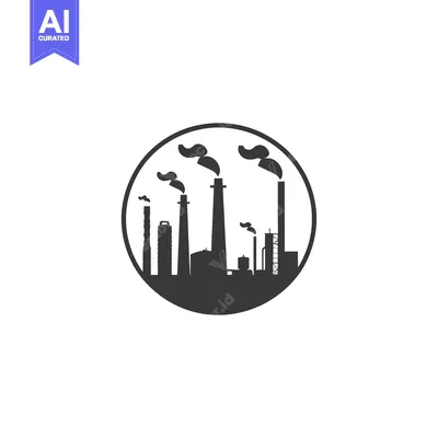 Aset desain premium: Black and White Silhouette of Industrial Factory in a Circle