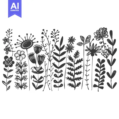 Popular premium asset: Black and white silhouette of stylized flowers and foliage