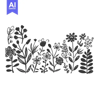 Aset desain premium: Black and White Silhouette of Stylized Flowers and Plants