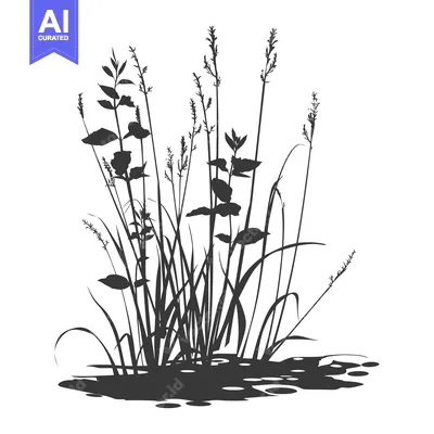 Aset desain premium: Black and White Silhouette of Tall Grasses Growing in Water