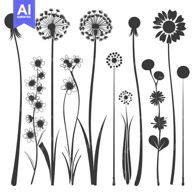 Aset desain premium: Black and White Silhouette of Various Wildflowers