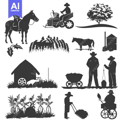 Premium design asset: Black and White Silhouettes Depicting Various Rural Scenes