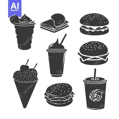 Aset premium populer: Black and White Silhouette Set of Fast Food Icons