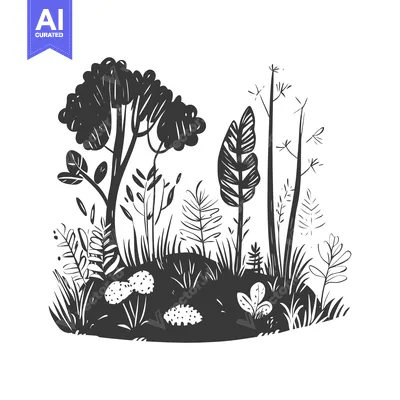 Aset desain premium: Black and White Silhouettes of a Forest Landscape