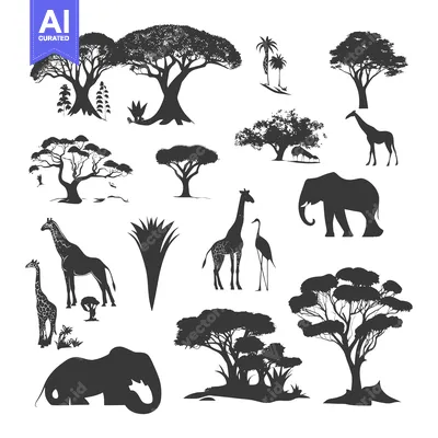 Aset premium populer: Black and White Silhouettes of African Animals and Plants