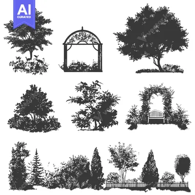 Aset premium populer: Black and White Silhouettes of a Garden with Trees, Arbors, and a Benc