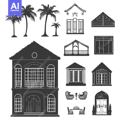 Aset desain premium: Black and White Silhouettes of a House with Palm Trees, Arched Windows