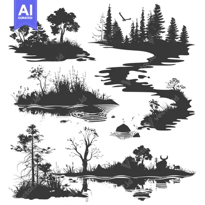 Aset premium populer: Black and White Silhouettes of a Winding River Through a Forest