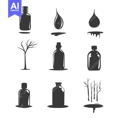 Popular premium asset: Black and White Silhouettes of Bottles, Trees, and Droplets