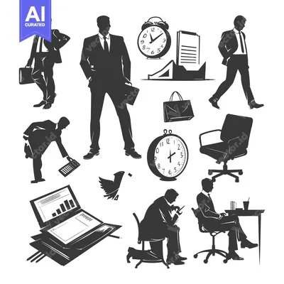 Aset desain premium: Black and White Silhouettes of Businessmen and Office Objects