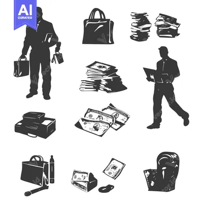 Premium design asset: Black and White Silhouettes of Business Objects and People