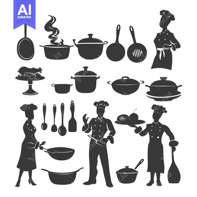 Aset premium populer: Black and White Silhouettes of Chefs and Kitchen Utensils