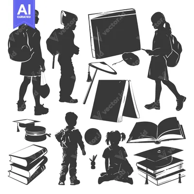 Black and White Silhouettes of Children and School Supplies