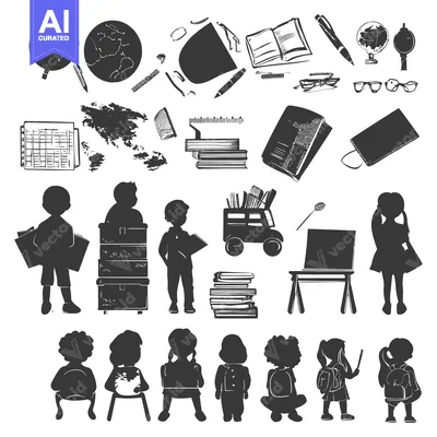 Aset desain premium: Black and White Silhouettes of Children and School Supplies