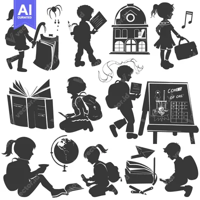 Black and White Silhouettes of Children and School Supplies