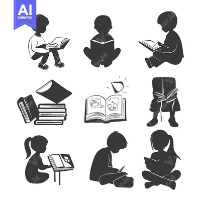 Aset premium populer: Black and White Silhouettes of Children Reading Books