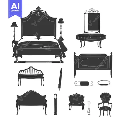 Aset premium populer: Black and White Silhouettes of Classic Bedroom Furniture