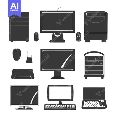 Aset desain premium: Black and White Silhouettes of Computer Hardware