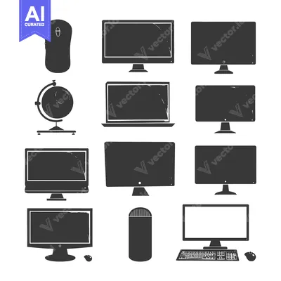 Aset premium populer: Black and White Silhouettes of Computer Monitors, Laptops, and Other A