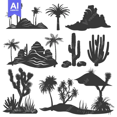 Aset desain premium: Black and White Silhouettes of Desert Plants and Landscapes