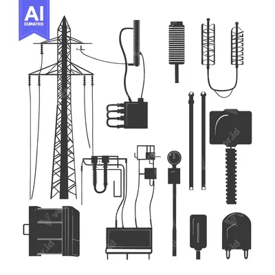 Aset desain premium: Black and White Silhouettes of Electrical Power Components