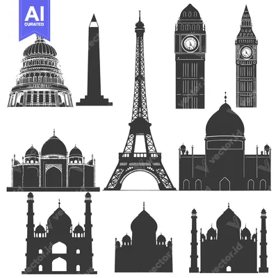 Aset desain premium: Black and White Silhouettes of Famous Architectural Landmarks