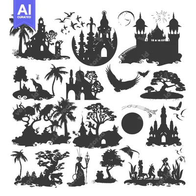 Aset premium populer: Black and White Silhouettes of Fantasy Landscapes and Elements