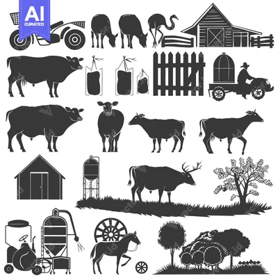 Aset premium populer: Black and White Silhouettes of Farm Animals and Rural Objects