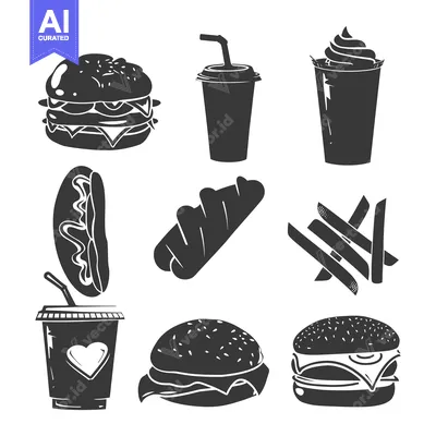 Premium design asset: Black and White Silhouettes of Fast Food Items